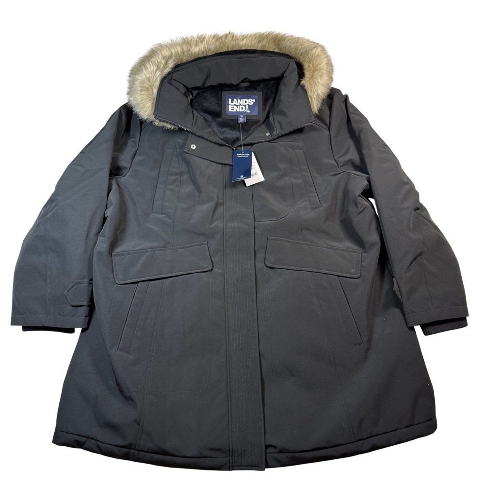 Lands' End Womens 1X Black Beauty Faux Fur Detachable Hood Winter Parka Coat NWT - Picture 5 of 6
